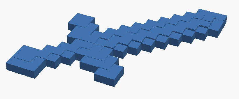 Rendering des Schwerts als blaues Pixelrelief, schräg von oben: Klinge, Parierstange und Griff aus einzelnen Blöcken unterschiedlicher Höhe.