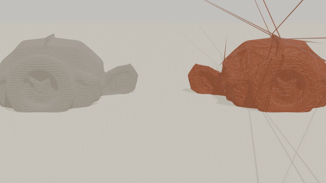 Drahtgitter-Ansicht: links das Remesh mit feinem Gitter, rechts nach Decimate mit grobem Gitter