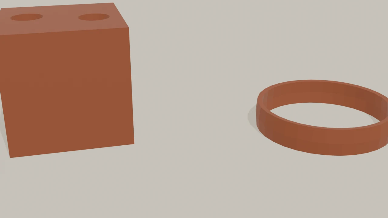 Links ein Sockel mit zwei per Boolean geschnittenen Bohrungen, rechts eine offene Schale mit Wandstärke per Solidify