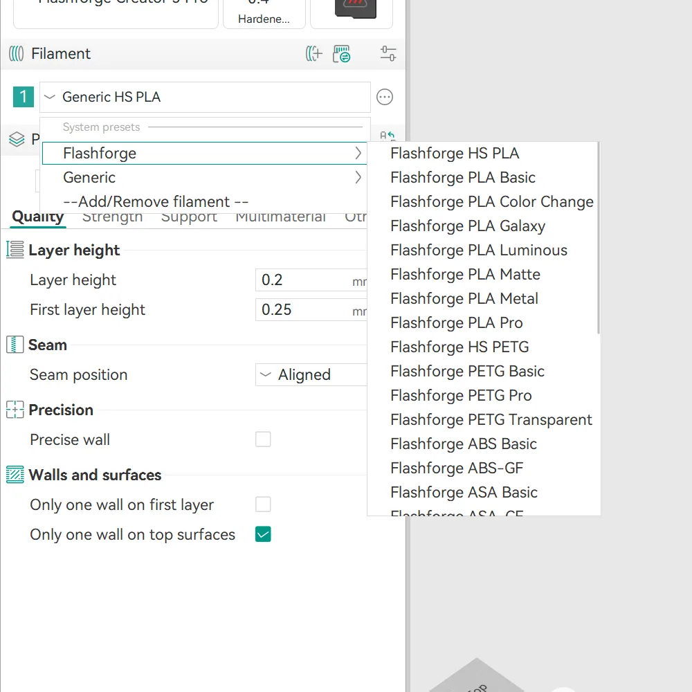 Aufgeklapptes Filamentmenü mit den offiziellen FlashForge-Profilen von HS PLA bis ASA Basic