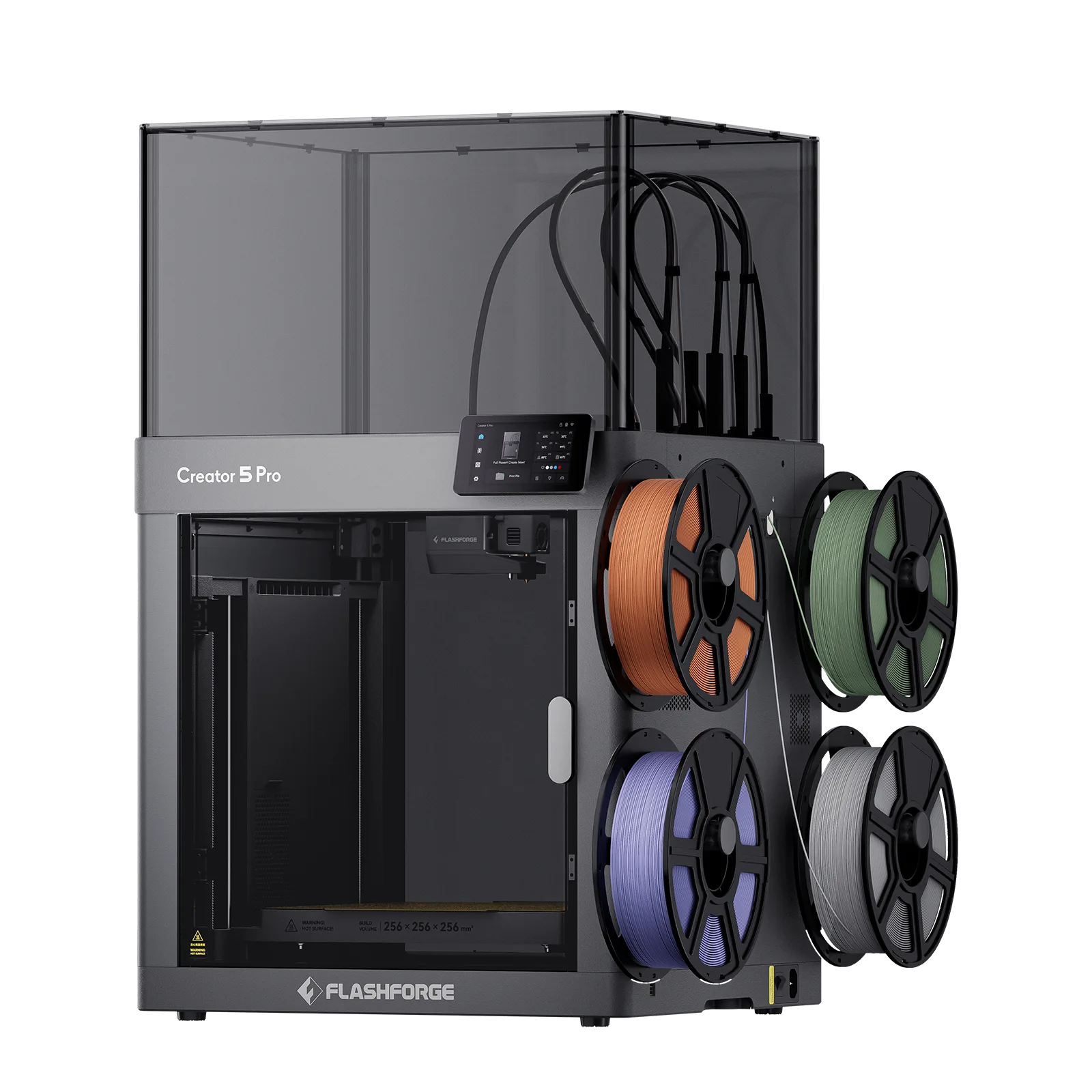 FlashForge Creator 5 Pro: geschlossener Drucker mit vier Filamentspulen am seitlichen Halter