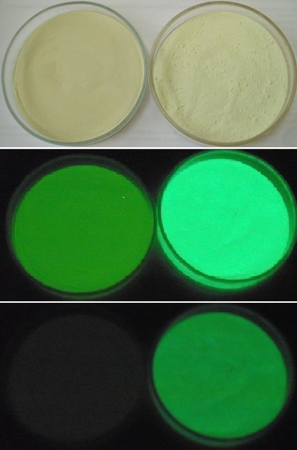 Phosphoreszierende Pigmente Zinksulfid und Strontiumaluminat im Licht, im Dunkeln und nach vier Minuten