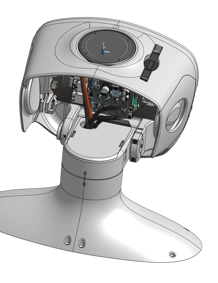 Kopf auf Hals von hinten, offene Rückseite mit Elektronik und Kabeln