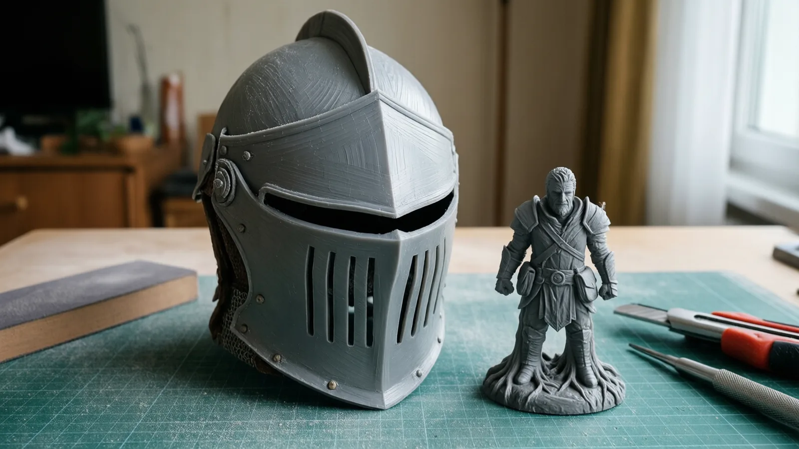 KI-Bild: ein grauer, unbemalter Ritterhelm mit Visier und Schichtlinien neben einer kleinen grauen Kriegerfigur auf einer Schneidematte, daneben Bastelmesser und Schleifklotz