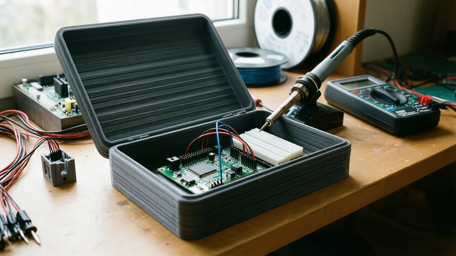 KI-Bild: ein aufgeklapptes, dunkelgrau gedrucktes Gehäuse mit Platine und Steckbrett auf einer Werkbank, daneben Lötkolben, Multimeter, Kabel und Filamentspulen
