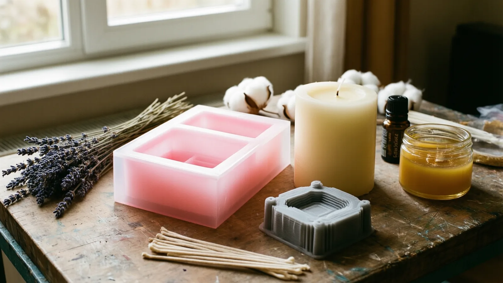 KI-Bild: auf einem alten Holztisch eine rosa Silikonform, eine cremefarbene Stumpenkerze, ein grau gedrucktes Urmodell, ein Glas Bienenwachs, Duftöl, Lavendel und Dochte