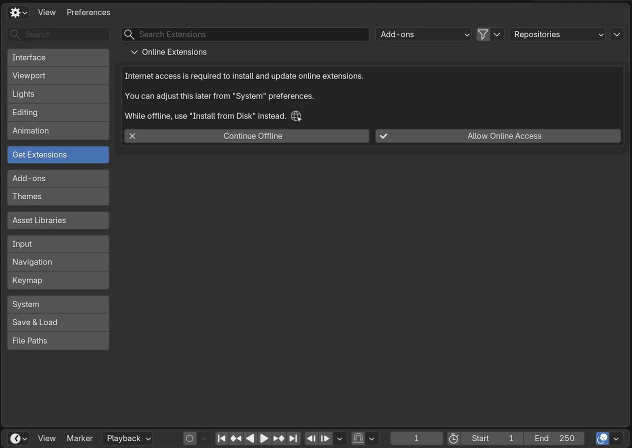 Blender-Einstellungen, Bereich Get Extensions: Kasten mit dem Text Internet access is required und den Knöpfen Continue Offline und Allow Online Access