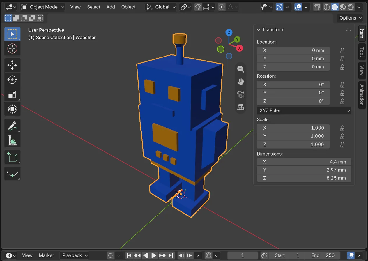 Blender mit dem Wächter, rechts die Seitenleiste Item: Scale 1,000, Dimensions 4,4 mal 2,97 mal 8,25 Millimeter