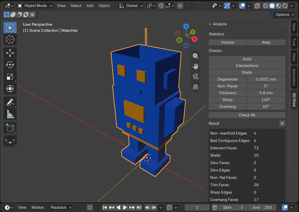Blender mit dem Reiter 3D Print: Thickness 0,8 mm, unter Result 4 Non-manifold Edges, 6 Bad Contiguous Edges, 73 Intersect Faces, 20 Shells, 38 Thin Faces, 17 Overhang Faces