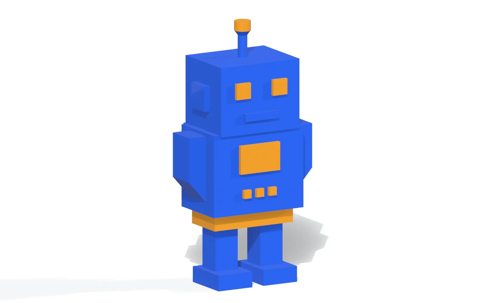 Der Werkstatt-Wächter: ein blauer, blockiger Roboter mit orangen Augen, Brustplakette, Gürtel und Antennenlampe