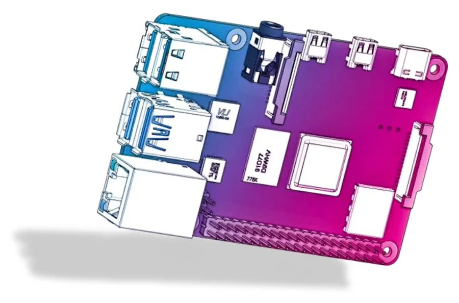 Rendering eines Raspberry Pi 5 mit USB-, Netzwerk- und GPIO-Anschlüssen, blau-magenta eingefärbt