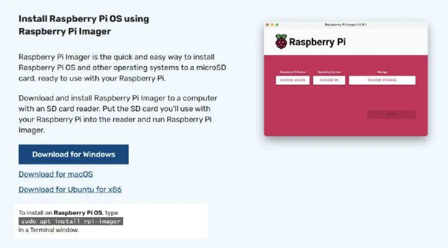 Ausschnitt der Raspberry-Pi-Website: „Install Raspberry Pi OS using Raspberry Pi Imager“ mit Download-Schaltflächen für Windows, macOS und Ubuntu und einem Fenster des Imagers