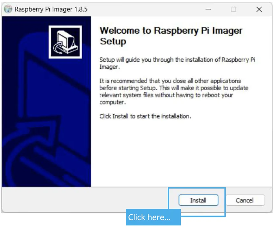 Windows-Installationsfenster „Welcome to Raspberry Pi Imager Setup“, Version 1.8.5, die Schaltfläche Install ist markiert