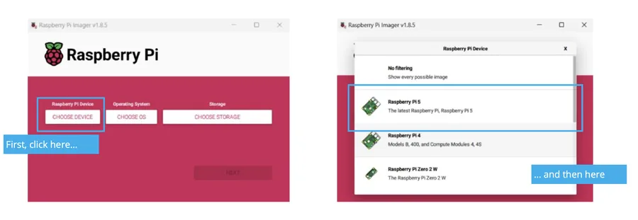 Zwei Bildschirmfotos des Raspberry Pi Imager 1.8.5: links ist „CHOOSE DEVICE“ markiert, rechts in der Geräteliste der Eintrag „Raspberry Pi 5“