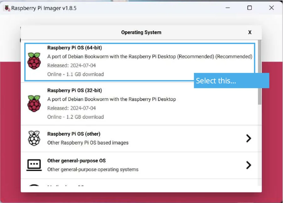 Auswahlfenster „Operating System“ im Imager, der Eintrag „Raspberry Pi OS (64-bit)“ mit dem Zusatz Recommended ist markiert