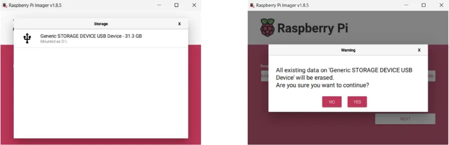 Links das Fenster „Storage“ mit einem USB-Speichergerät von 31,3 GB, rechts die Warnung, dass alle Daten darauf gelöscht werden, mit den Schaltflächen NO und YES