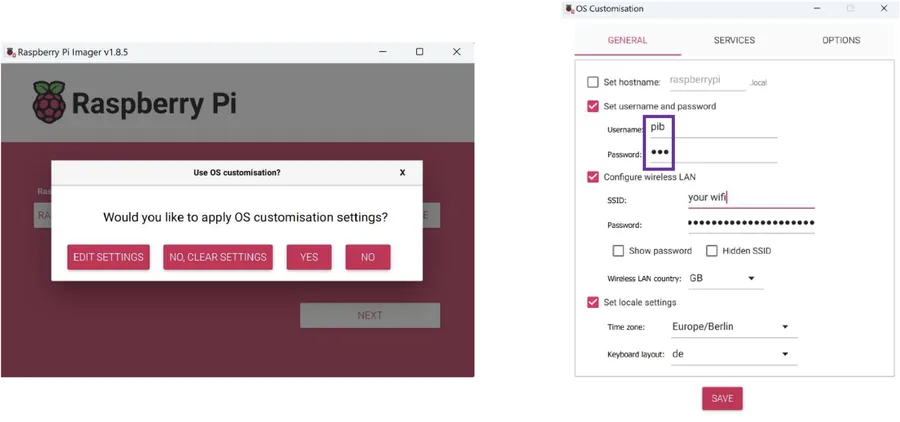 Links die Abfrage „Use OS customisation?“ mit der Schaltfläche EDIT SETTINGS, rechts das Fenster OS Customisation mit Benutzername pib, Passwort und WLAN-Feldern
