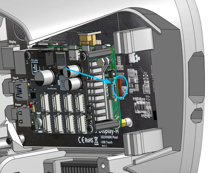 Rendering des geöffneten pib-Kopfs mit eingebautem Raspberry Pi und aufgesetztem HAT, ein blauer Pfeil und Kreis markieren den Kartenschlitz
