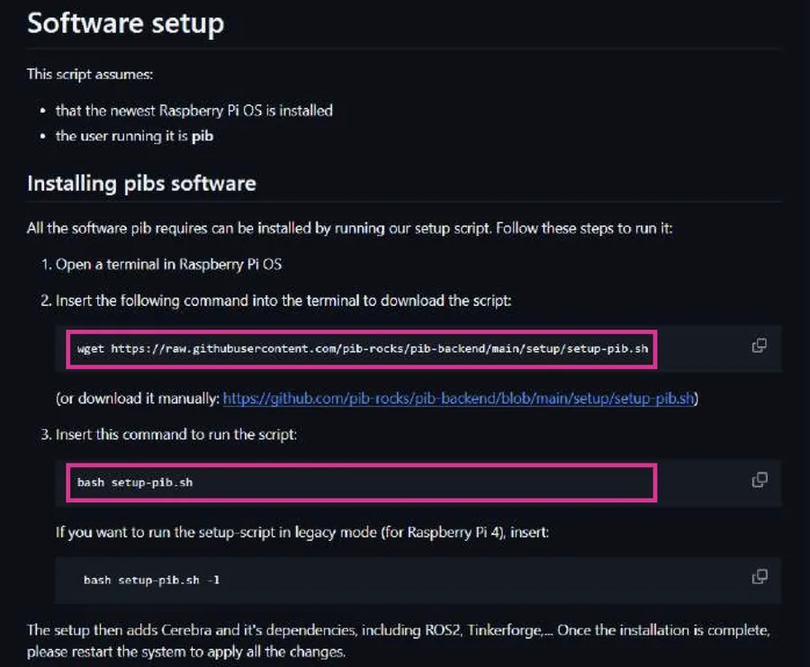 Bildschirmfoto der GitHub-Seite „Software setup“ mit den beiden markierten Befehlen wget … setup-pib.sh und bash setup-pib.sh