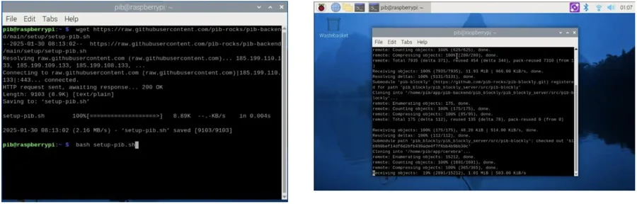 Links ein Terminal mit erfolgreichem Download von setup-pib.sh und dem eingetippten Befehl bash setup-pib.sh, rechts ein Terminal, das Git-Repositories klont