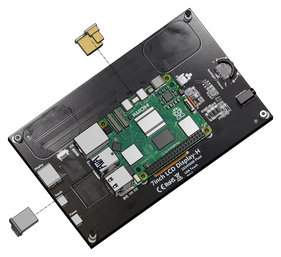 Display mit aufgelegtem Raspberry Pi, oben ein goldfarbener Adapter am HDMI-Bereich, unten links ein grauer Adapter an der Buchse Touch des Displays
