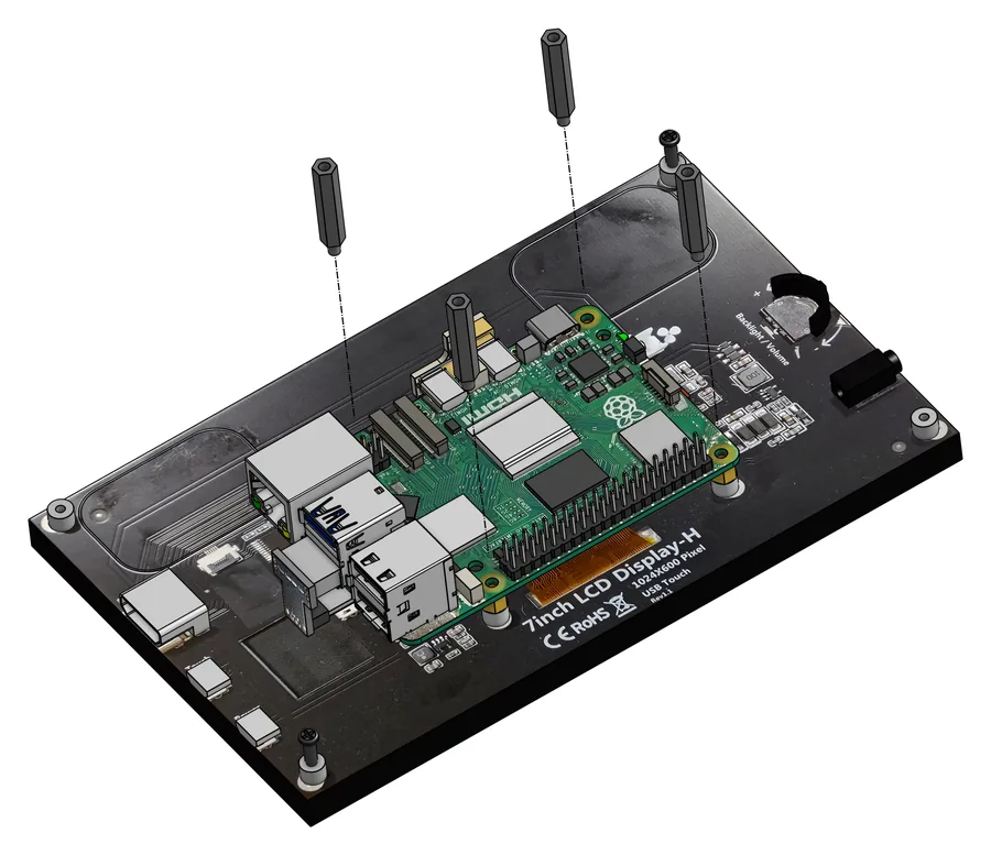 Raspberry Pi auf dem Display, vier lange schwarze Abstandsbolzen über den Ecken des Pi