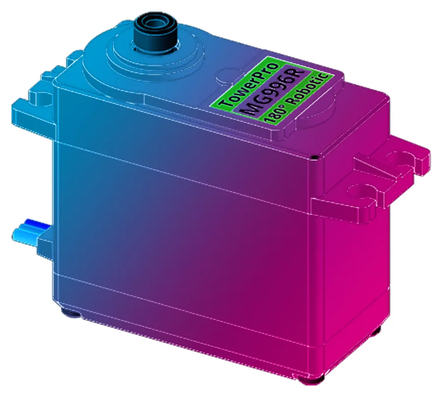 Rendering eines TowerPro-MG996R-Servos, blau-magenta eingefärbt