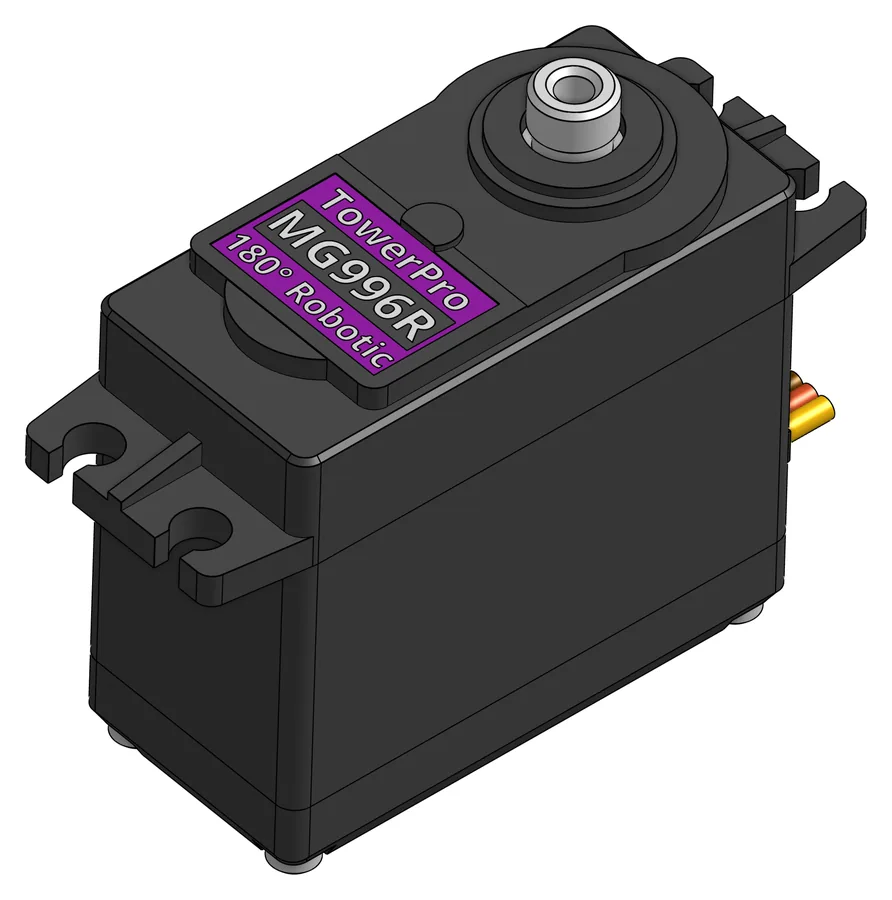 Rendering eines schwarzen TowerPro-MG996R-Servos mit violettem Etikett