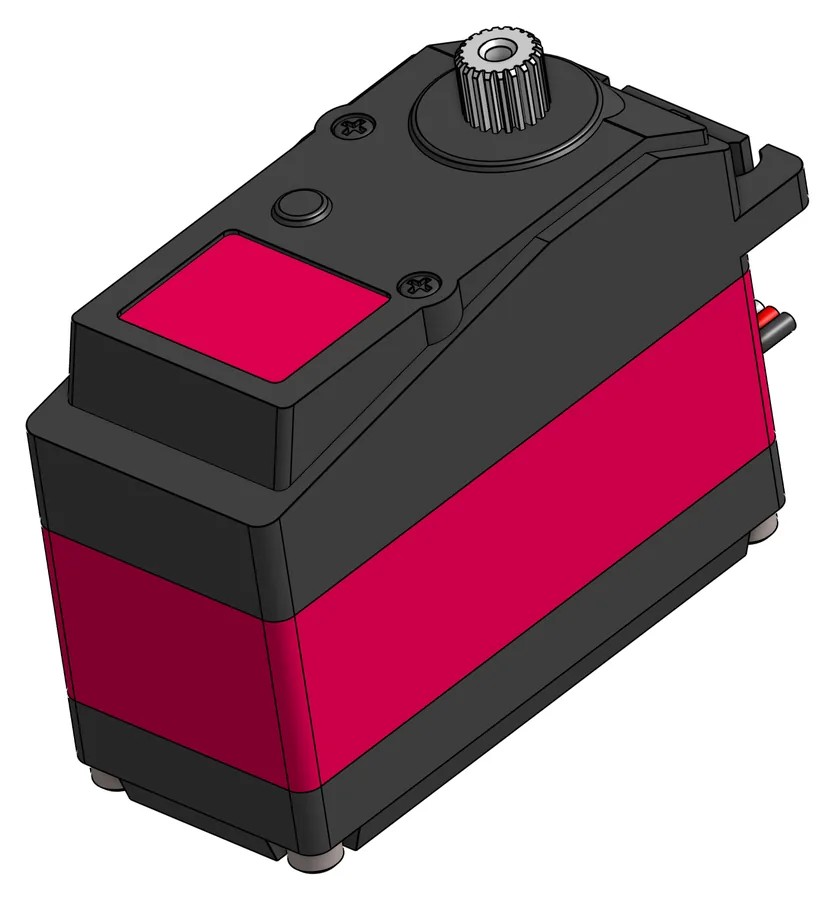 Rendering eines rot-schwarzen Servos mit Zahnkranz-Abtrieb, ohne Kabel