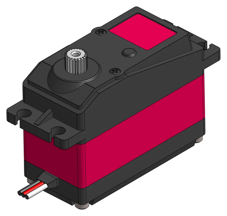 Rendering eines rot-schwarzen Servos mit Zahnkranz-Abtrieb und Kabel in Schwarz, Rot und Weiß