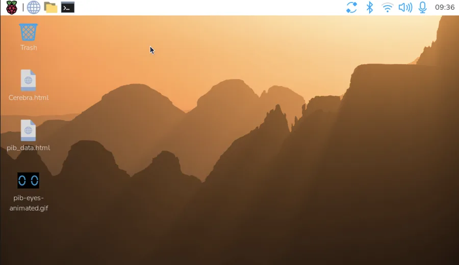 Desktop von Raspberry Pi OS mit den Symbolen Cerebra.html, pib_data.html und pib-eyes-animated.gif