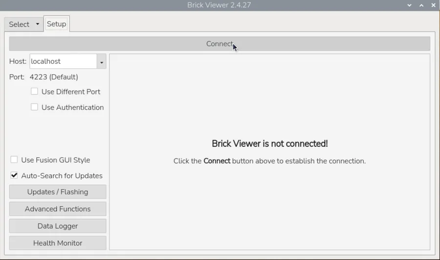 Brick Viewer 2.4.27 mit dem Hinweis „Brick Viewer is not connected!“, Host localhost, Port 4223, der Mauszeiger steht auf Connect