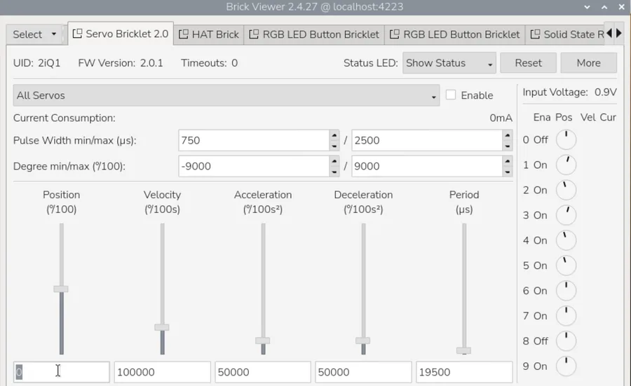 Servo Bricklet 2.0, im Feld Position unten links steht 0, Enable ist noch nicht angehakt