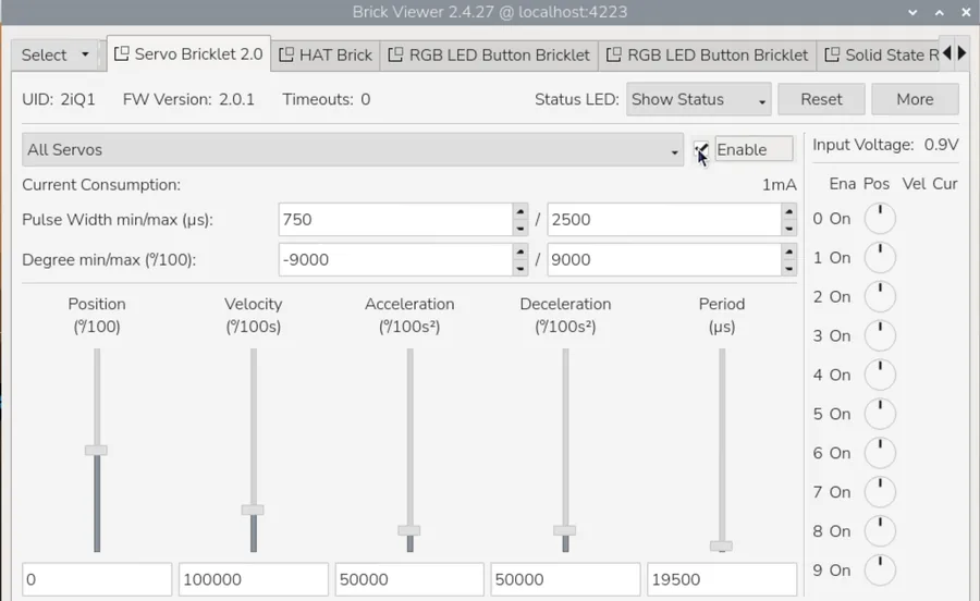 Servo Bricklet 2.0, Enable ist angehakt, in der Liste rechts stehen alle Servos 0 bis 9 auf On