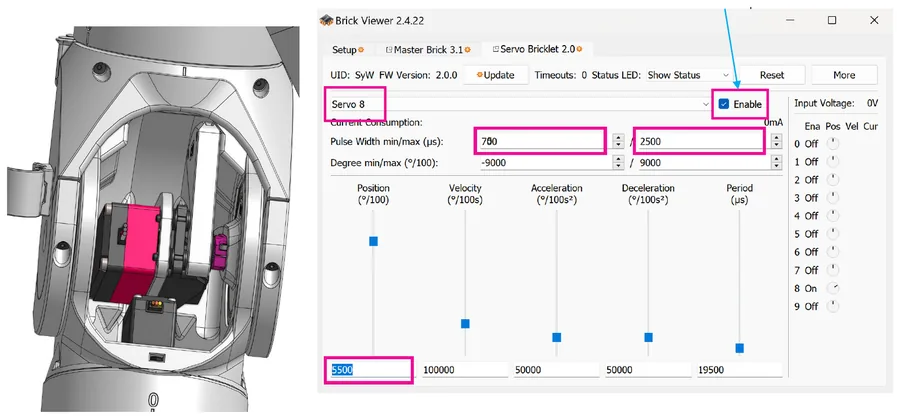 Links ein Rendering des Ellbogens mit eingebautem, magenta hervorgehobenem Servo, rechts Brick Viewer 2.4.22 mit Servo 8 ausgewählt, Enable angehakt und Position 5500