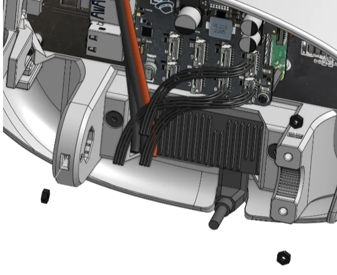 Innenansicht des Kopfes mit Elektronik, zwei Muttern unten im Bild