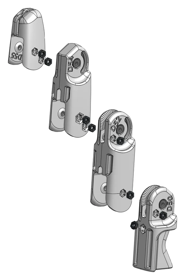 D55, D54, D52 und D50 hintereinander, je zwei M2-Muttern vor ihren Sechskanttaschen