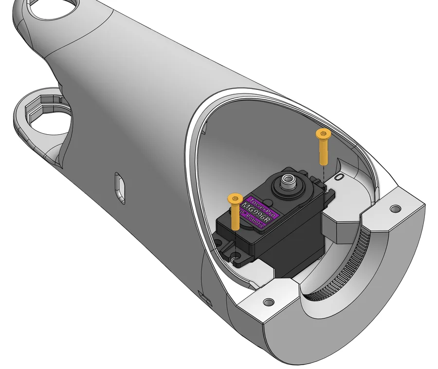 Servo MG996R im geöffneten Gehäuse C19R, zwei gelb markierte Schrauben über seinen Befestigungslaschen