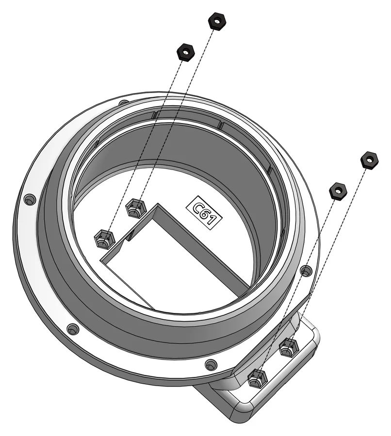 Motorhalter C61 von vorn, vier Muttern mit Hilfslinien zu den Schlitzen am rechteckigen Motorschacht