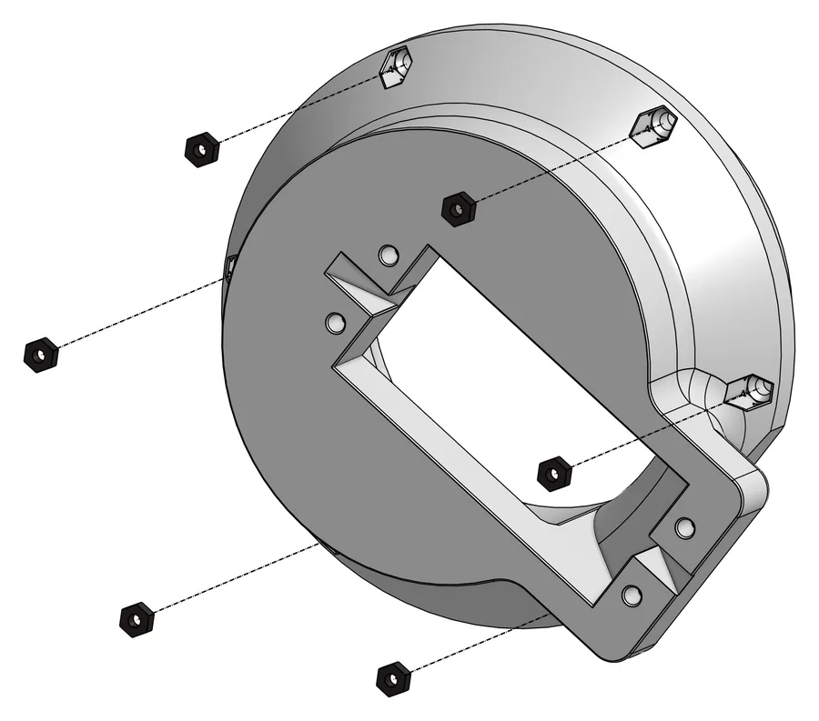 Motorhalter C61 von hinten, sechs Muttern mit Hilfslinien zu Schlitzen am Rand
