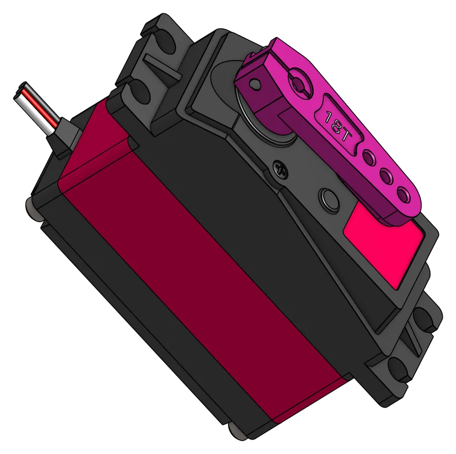 Rot-schwarzer Servo mit aufgesetzter pinkfarbener Motorklemme 18T