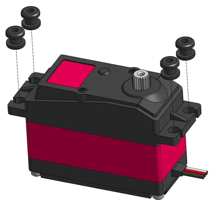 Rot-schwarzer Servo, darüber vier kleine schwarze Adapter mit Hilfslinien zu den Löchern in den Flanschen