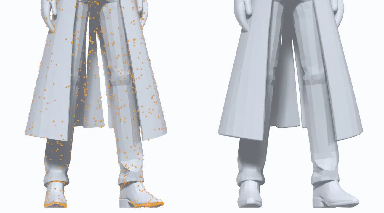 Zwei Renderings von Mantelsaum und Stiefeln einer Figur: links übersät mit orangen Fehlermarkierungen, rechts ohne