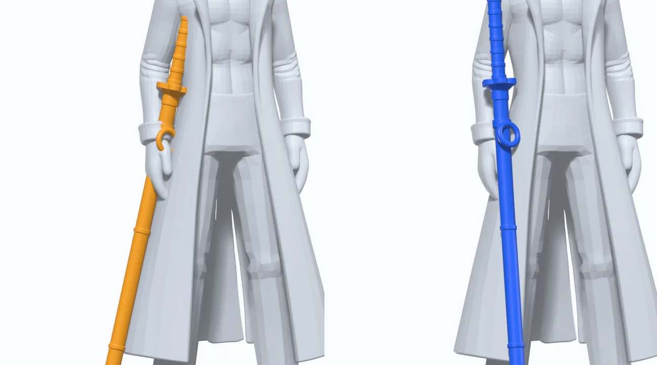 Zwei Ausschnitte derselben Figur von Hüfte bis Schulter: links ein oranges Schwert schräg durch die Hand, rechts ein blaues Schwert senkrecht vor der Hand